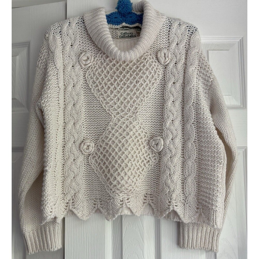 VTG Colleen’s Collectables Cream Sweater Hand Knit Ramie Blend Boho Coquette L